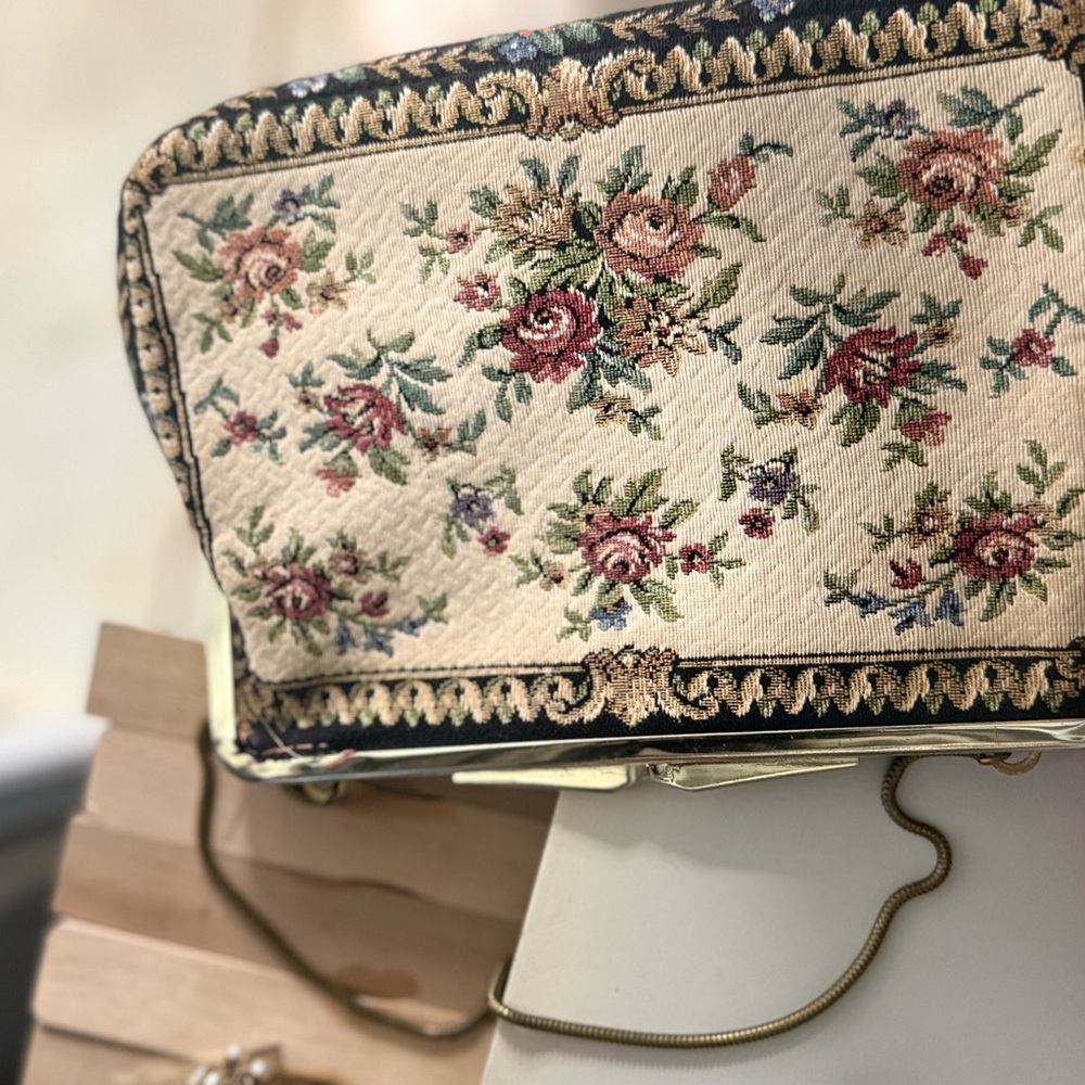 Beautiful Floral Tapestry Clutch Bag with silk lining & gold tone clasp. Germany
